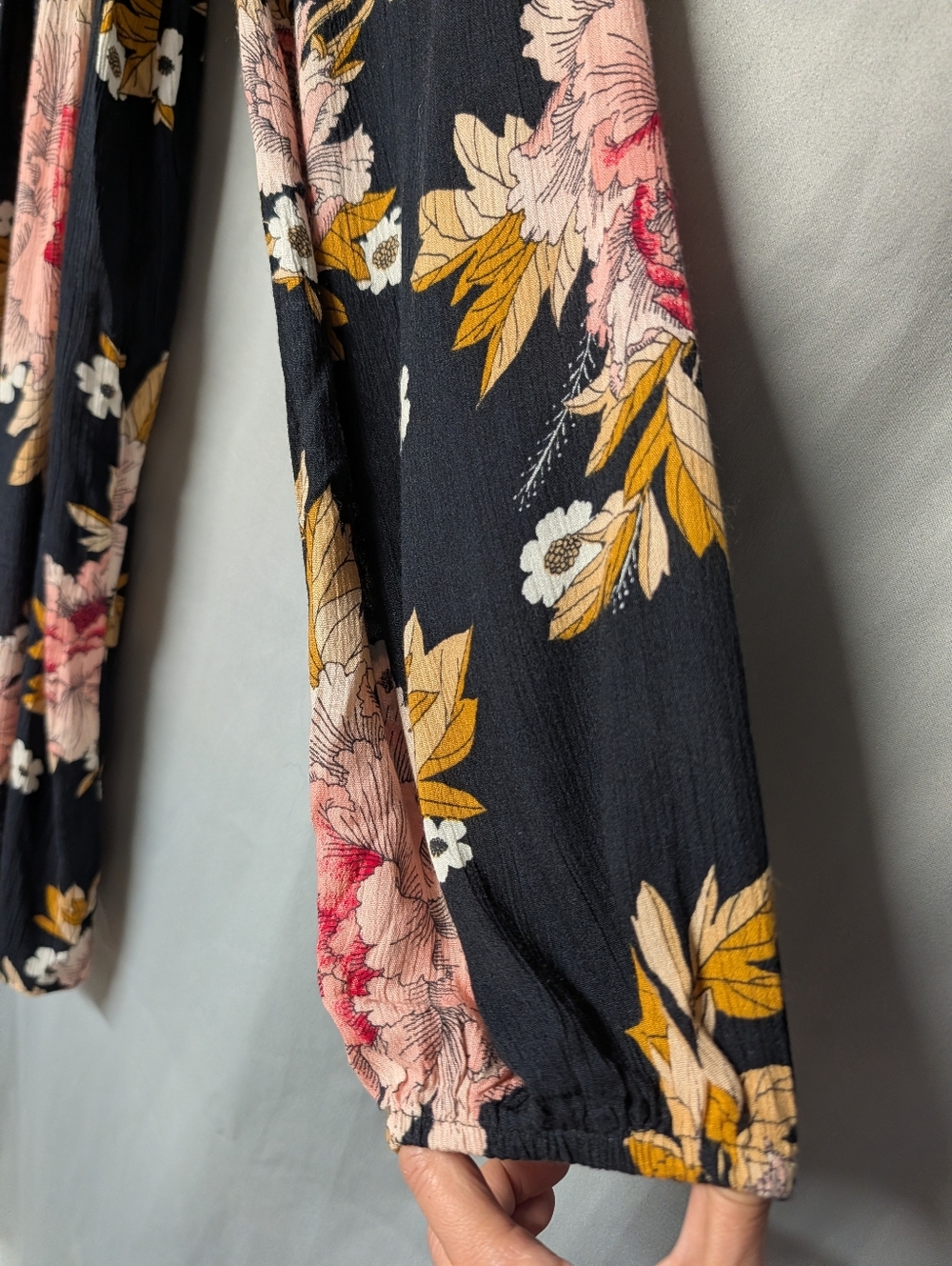Black Floral Long Sleeve Babydoll Dress - Pink & Mustard Flowers - Picture 6 of 10